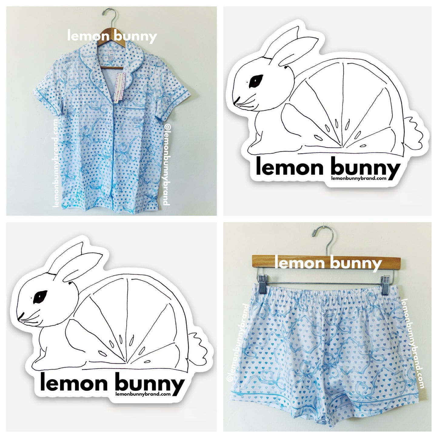 Roller Rabbit x LoveShackFancy Luna Bow Hearts Polo Pajamas in Pale Blue, Size S