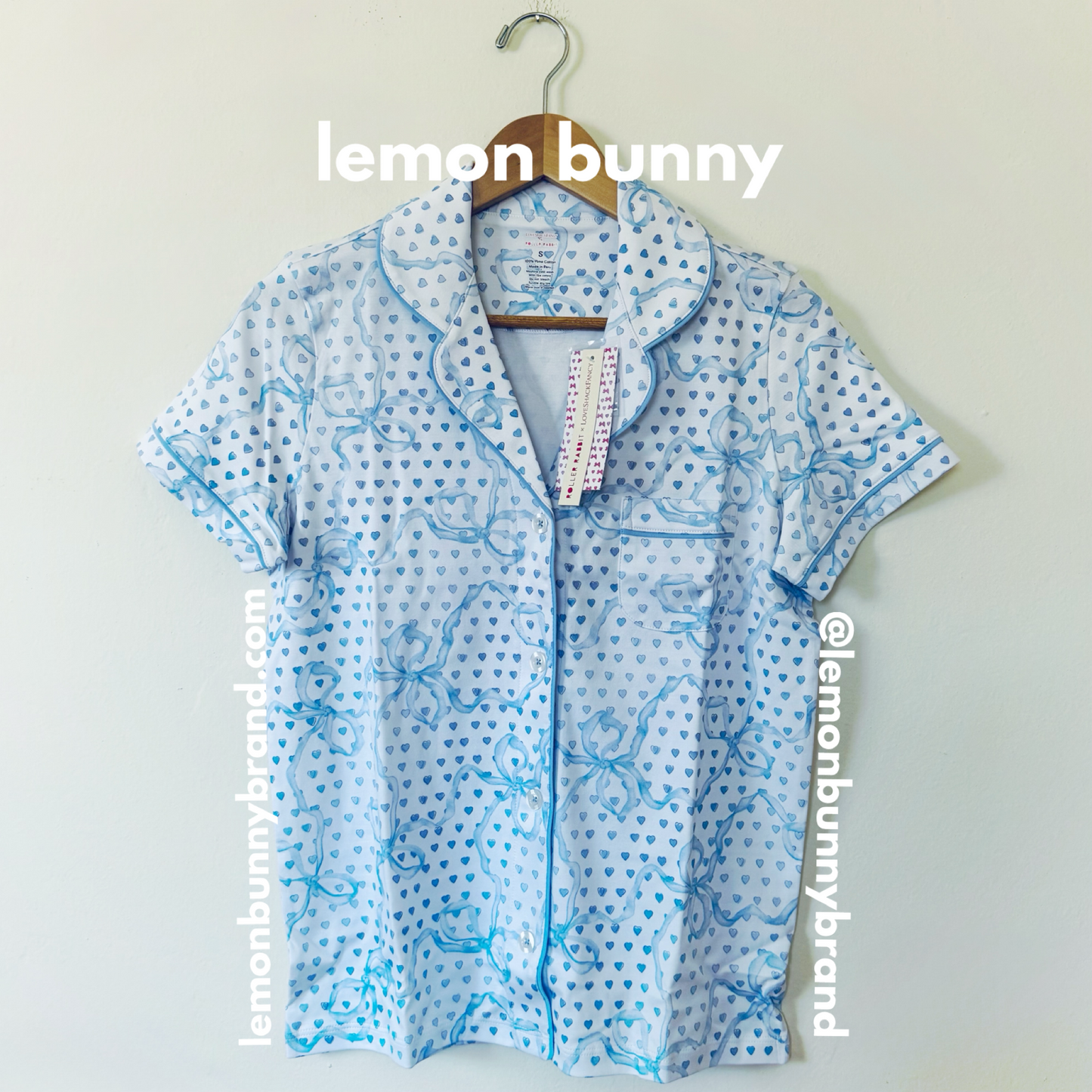 Roller Rabbit x LoveShackFancy Luna Bow Hearts Polo Pajamas in Pale Blue, Size S