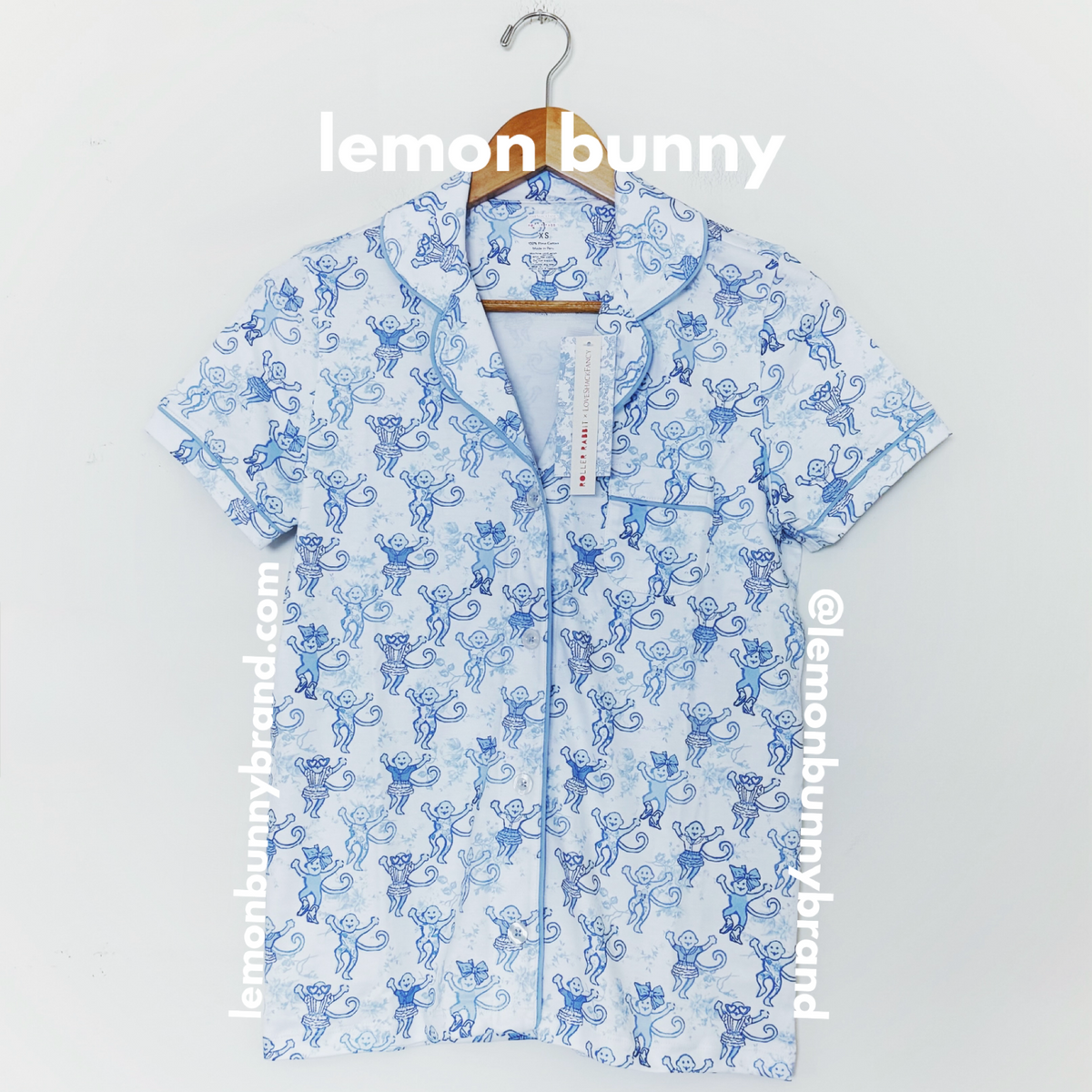 Roller Rabbit x LoveShackFancy Pastiche De Monkey Polo Pajamas in Blue, Size XS