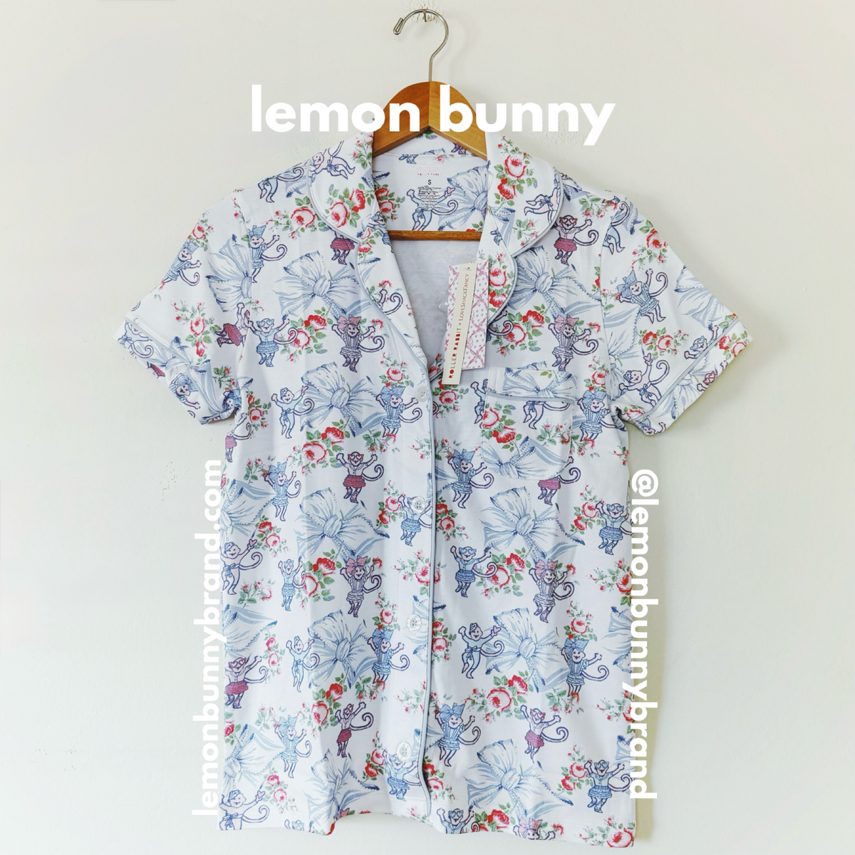 Roller Rabbit x LoveShackFancy Rosa Beaux Monkey Polo Pajamas in Pastel Blue, Size S