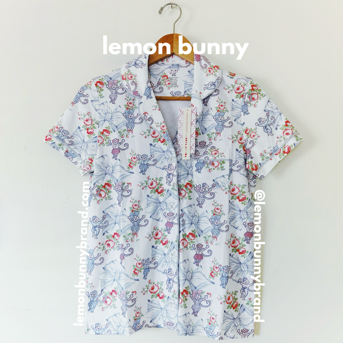 Roller Rabbit x LoveShackFancy Rosa Beaux Monkey Polo Pajamas in Pastel Blue, Size XS