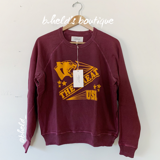 The Great. The College Sweatshirt in Rosehip with Cougar Graphic, Size 0