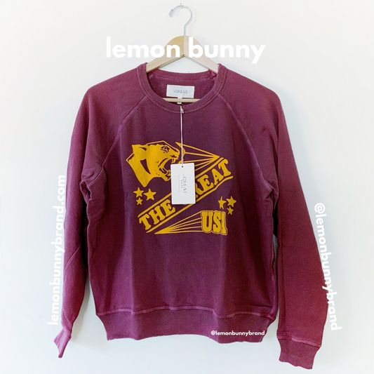 The Great. The College Sweatshirt in Rosehip with Cougar Graphic, Size 0