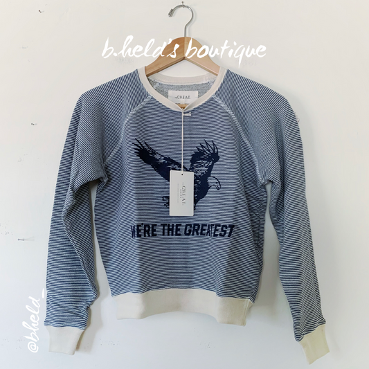 The Great. The Shrunken Sweatshirt in Salt Water Stripe with Eagle Graphic, Size 0
