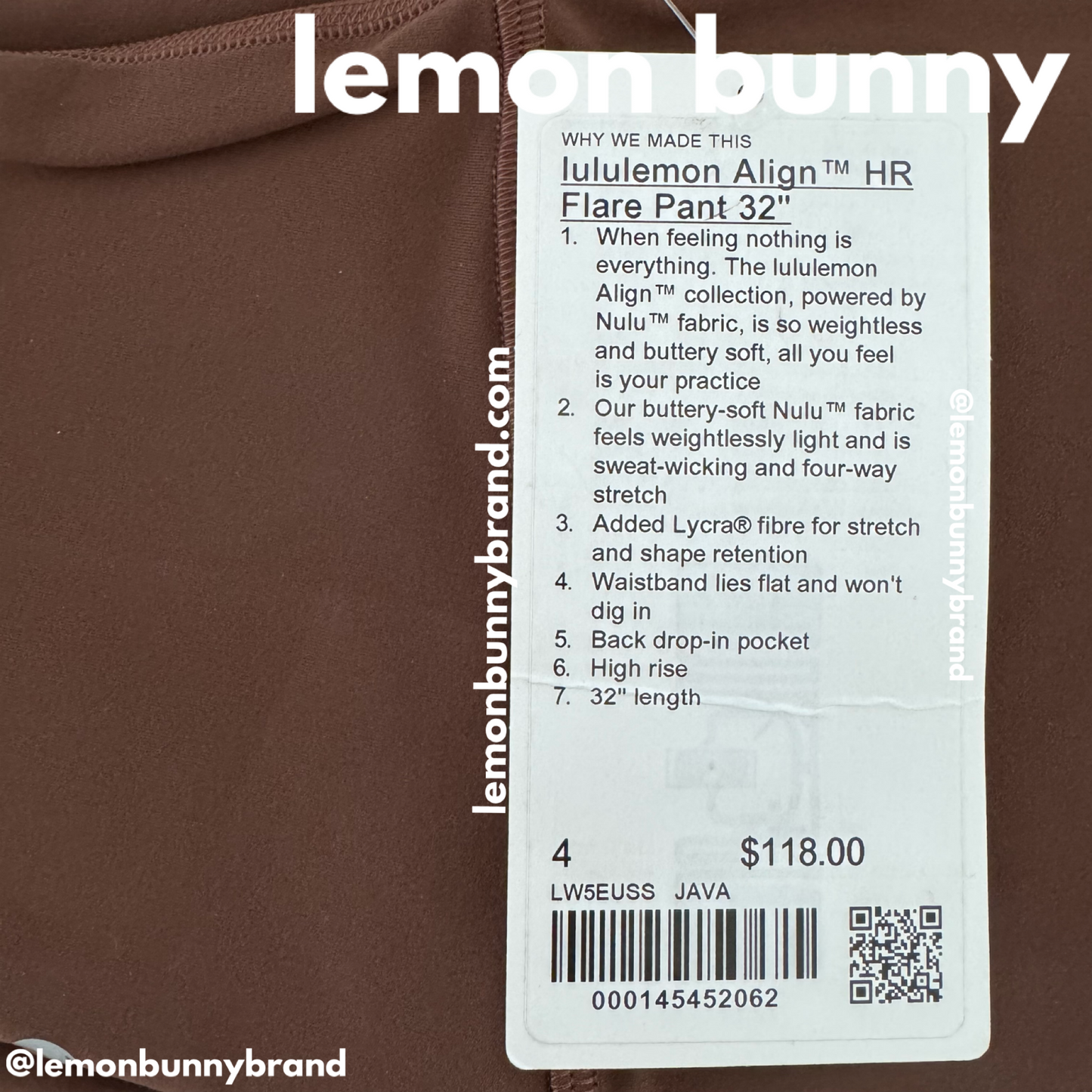 lululemon Align High-Rise Mini Flare Pant 32" in Java, Size 4 (Single-Lined)