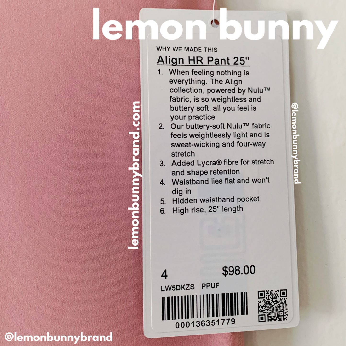 lululemon Align High-Rise Pant 25" in Pink Puff, Size 4 (Double-Lined)