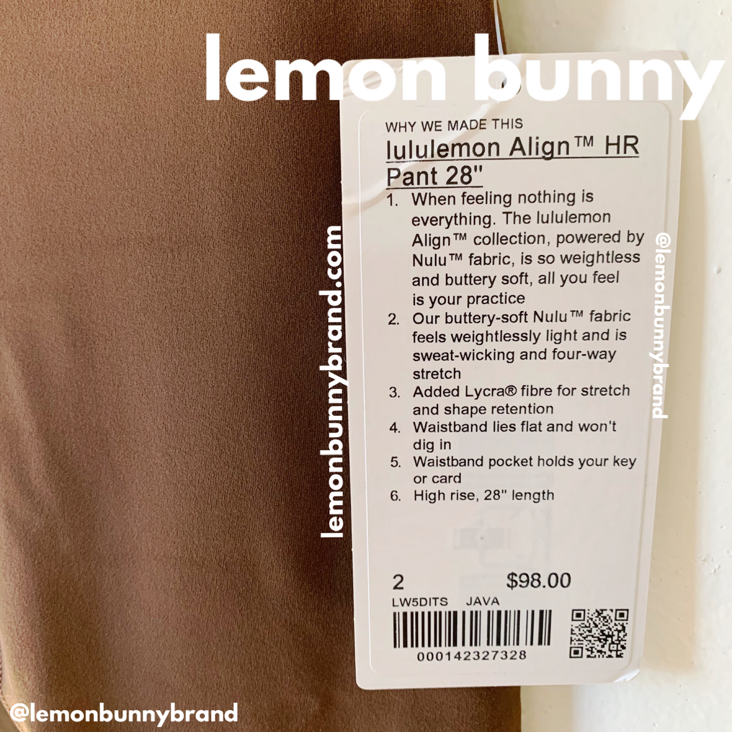 lululemon Align High-Rise Pant 28" in Java, Size 2 (Single-Lined)