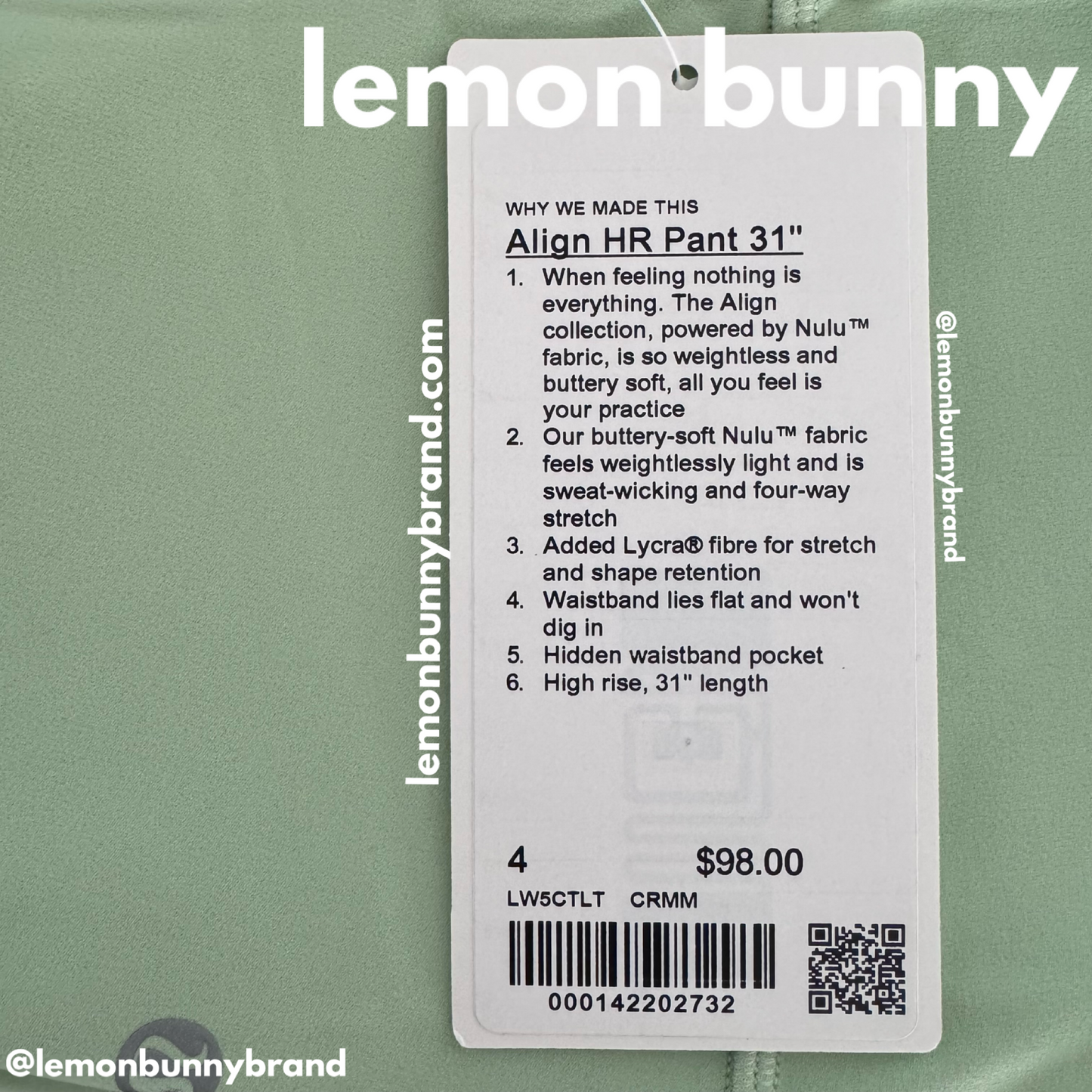 lululemon Align High-Rise Pant 31" in Creamy Mint, Size 4 (Double-Lined)