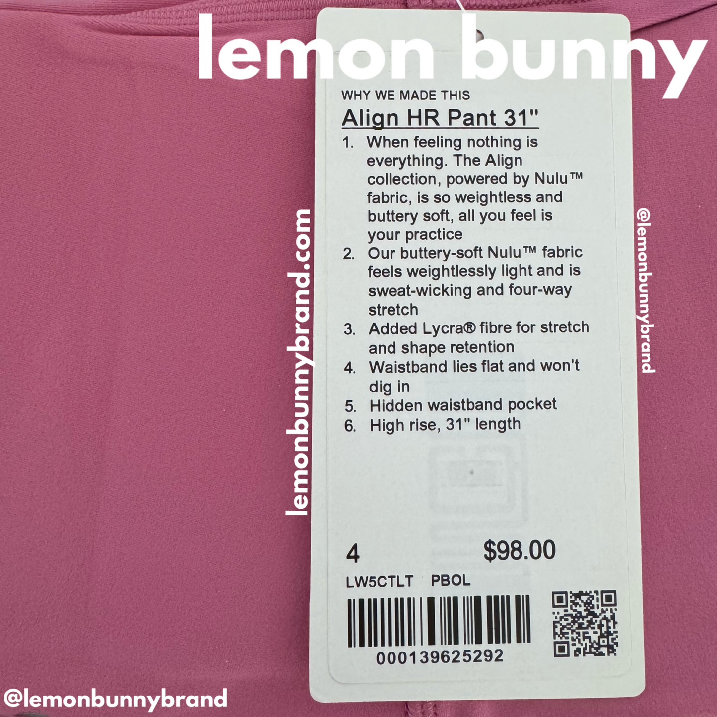 lululemon Align High-Rise Pant 31" in Pink Blossom, Size 4 (Double-Lined)