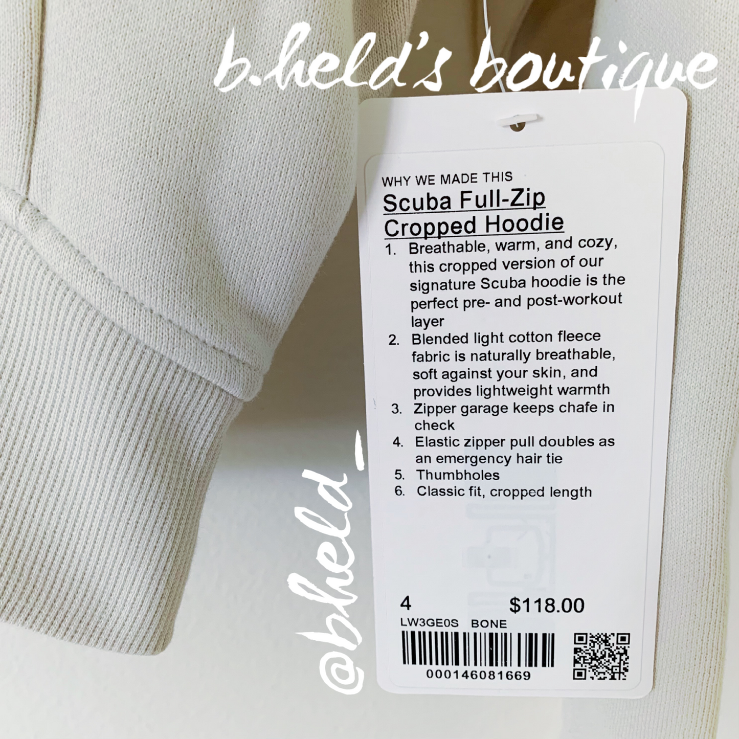lululemon Scuba Full-Zip Cropped Hoodie in Bone, Size 4