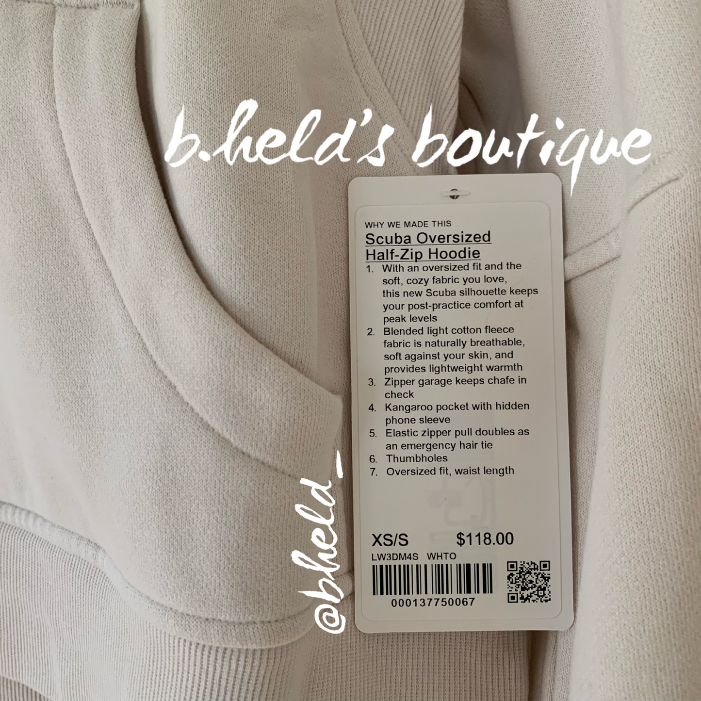 lululemon Scuba Oversized Half-Zip Hoodie in White Opal, Size XS/S
