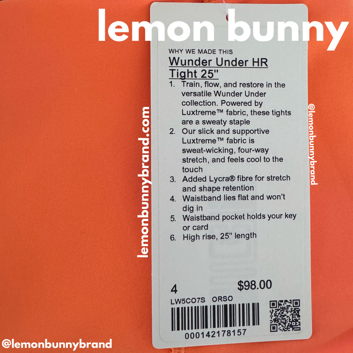 lululemon Wunder Under High-Rise Tight 25" *Luxtreme in Orange Soda, Size 4 (Double-Lined)