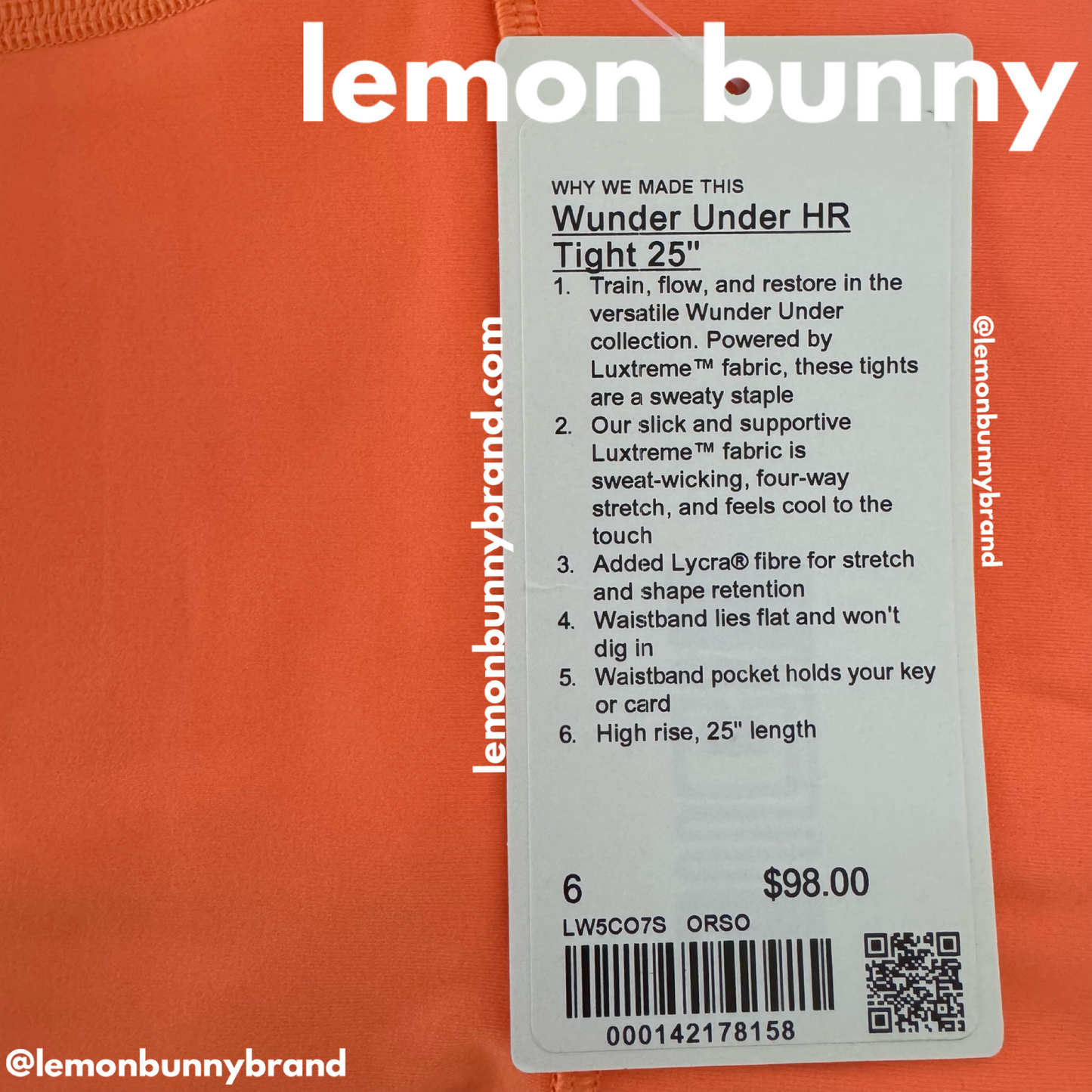 lululemon Wunder Under High-Rise Tight 25" *Luxtreme in Orange Soda, Size 6 (Double-Lined)