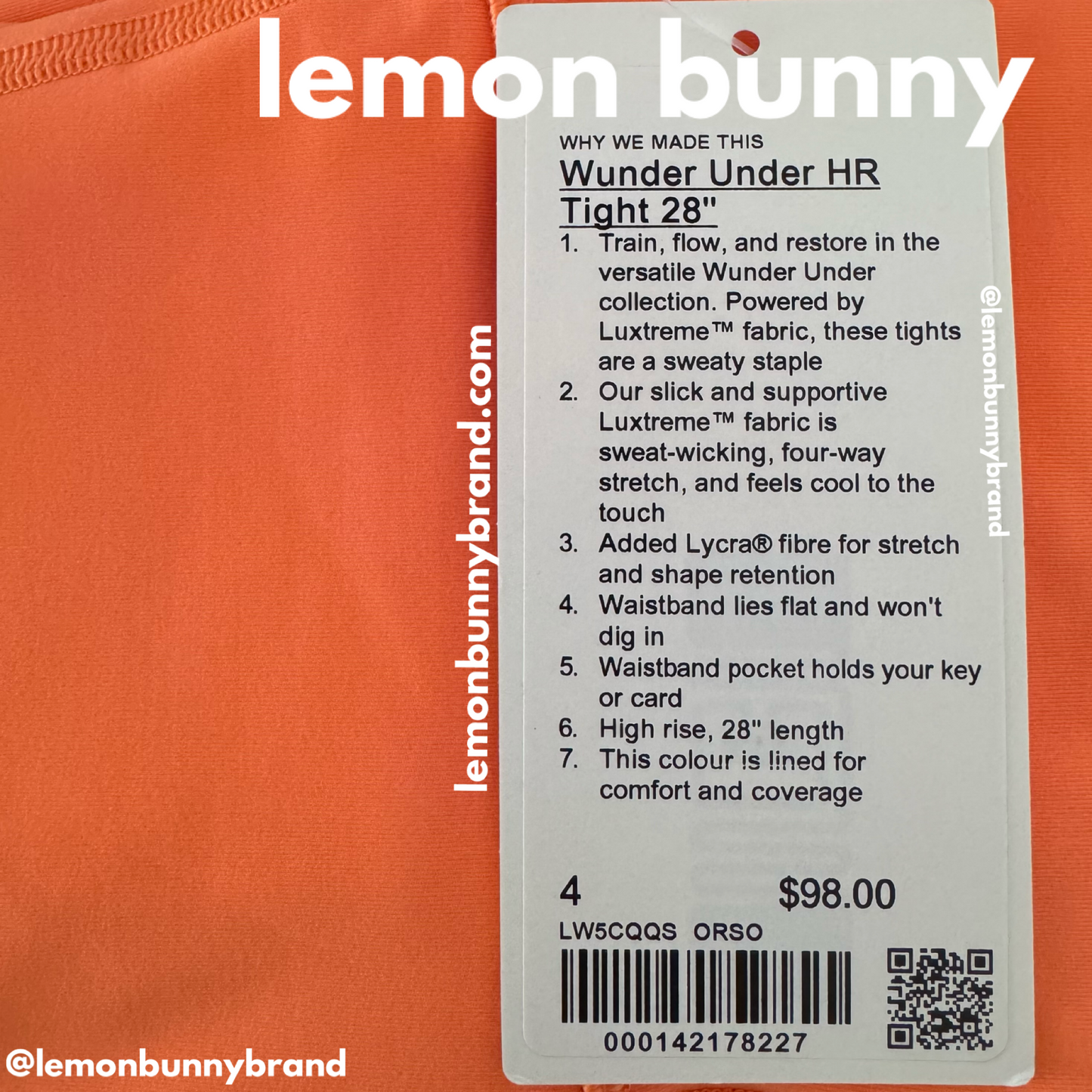 lululemon Wunder Under High-Rise Tight 28" *Luxtreme in Orange Soda, Size 4 (Double-Lined)